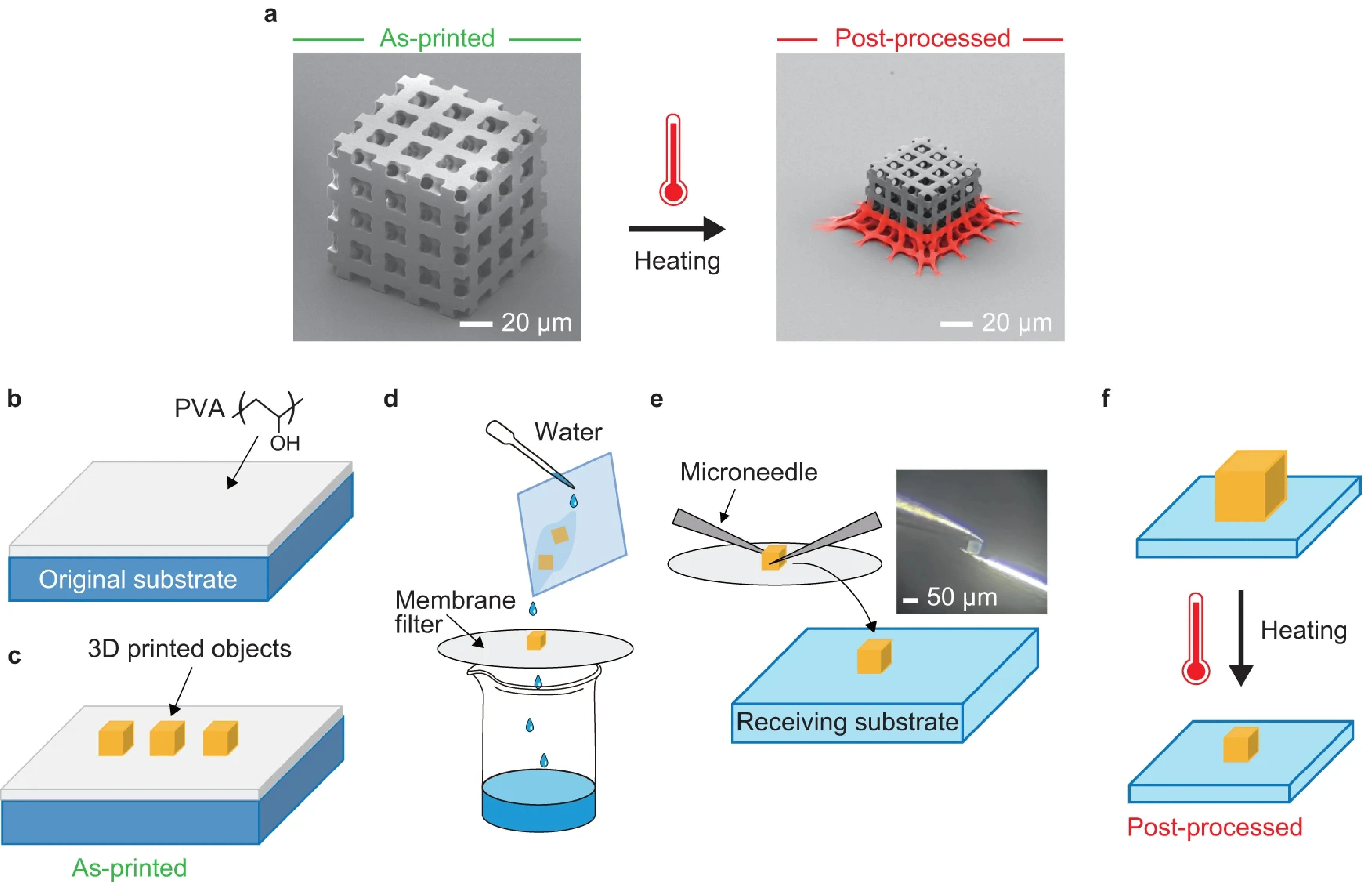 Koncept och schema över plocknings- och platsprocessen för enhetlig krympning av 3D-tryckta mikronanostrukturer