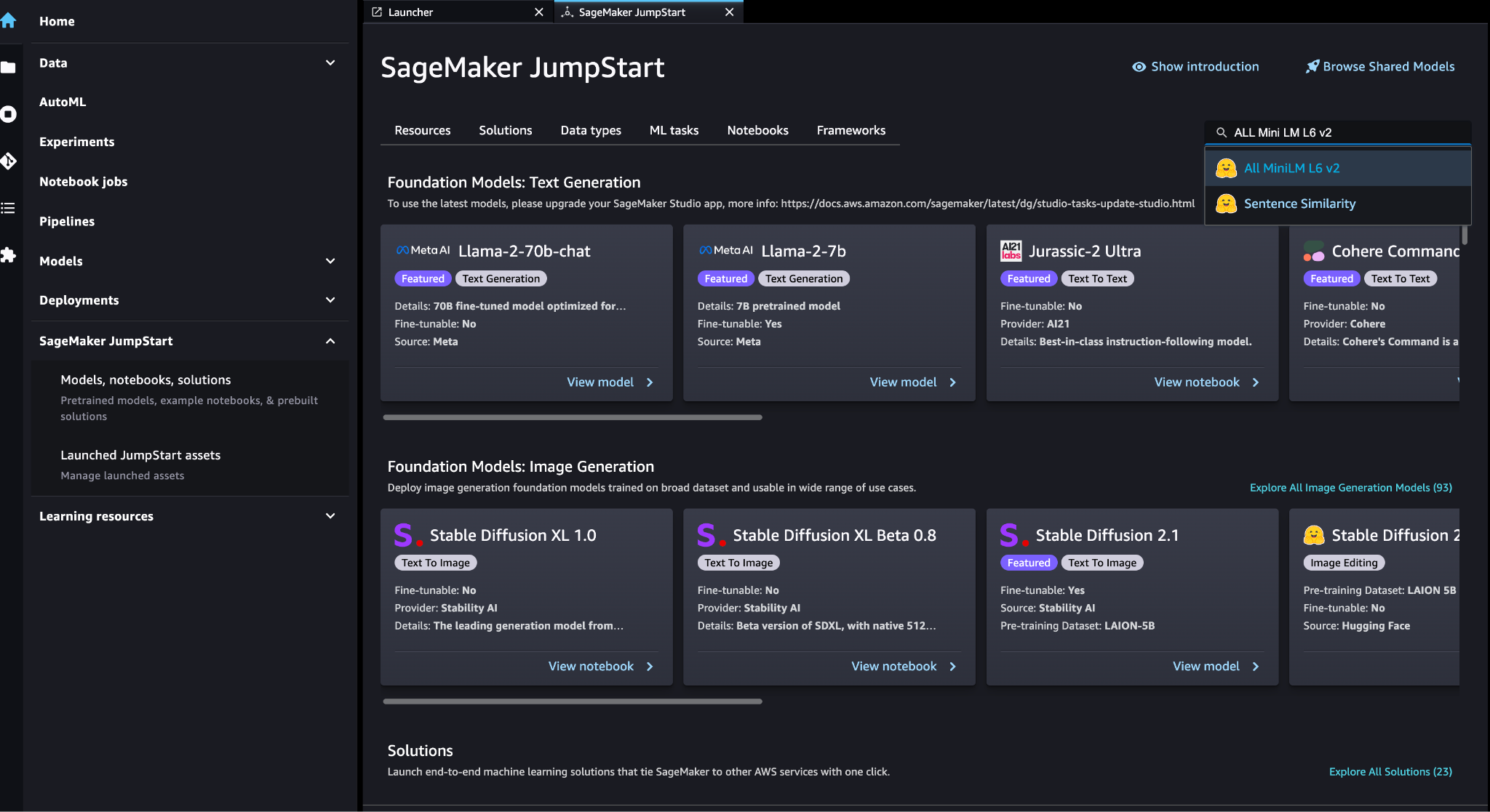 SageMaker JumpStart Modelos, portátiles, soluciones