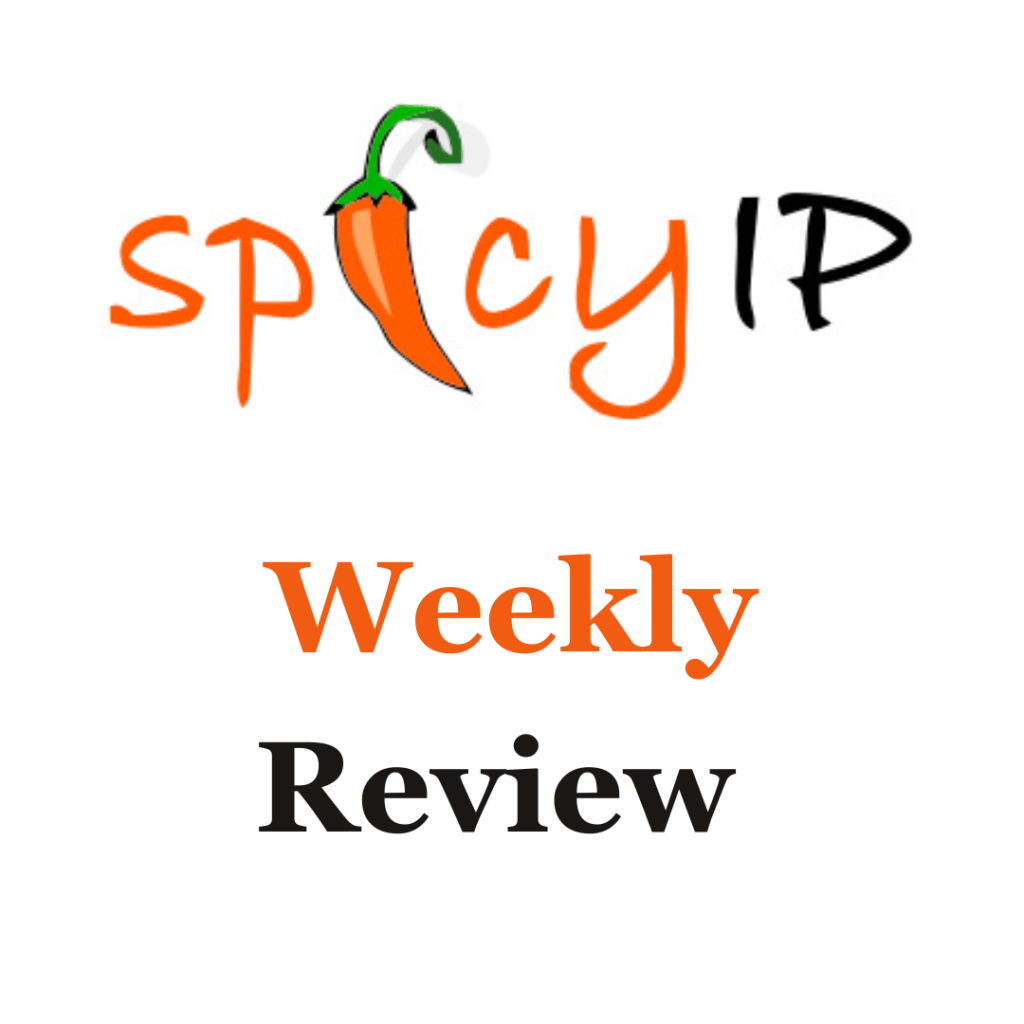 SpicyIP 로고와 "Weekly Review"라는 단어가 있는 이미지