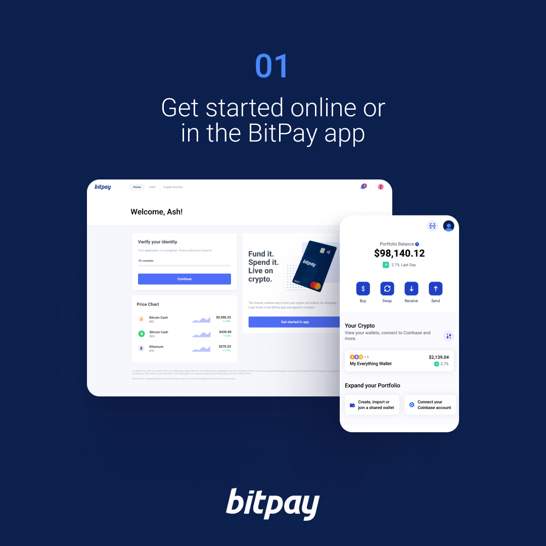 BitPay Bill Pay Stap 1: Ga online of in de BitPay-app aan de slag