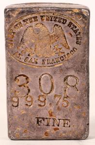 San Francisco Mint silver ingot produced in the 1930s or ‘40s, featuring a type one oval hallmark and consisting of 6.48 ounces of 999.75 fine silver, 32 mm by 52 mm ($5,422).