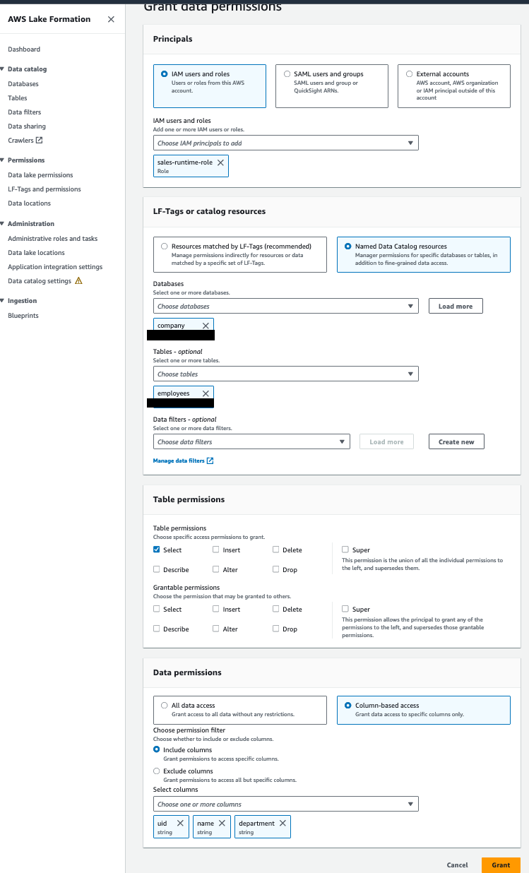  Grant permission on the employees table to sales-runtime-role 