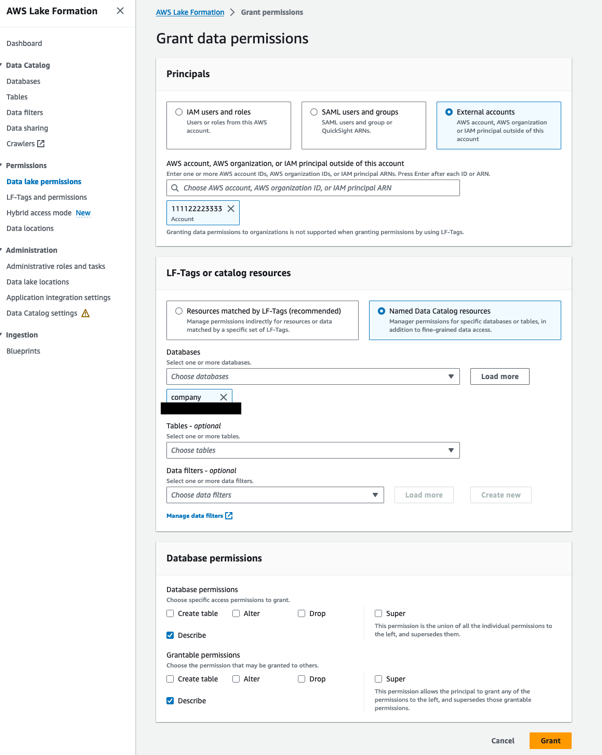 Grant database permissions to the data consumer account