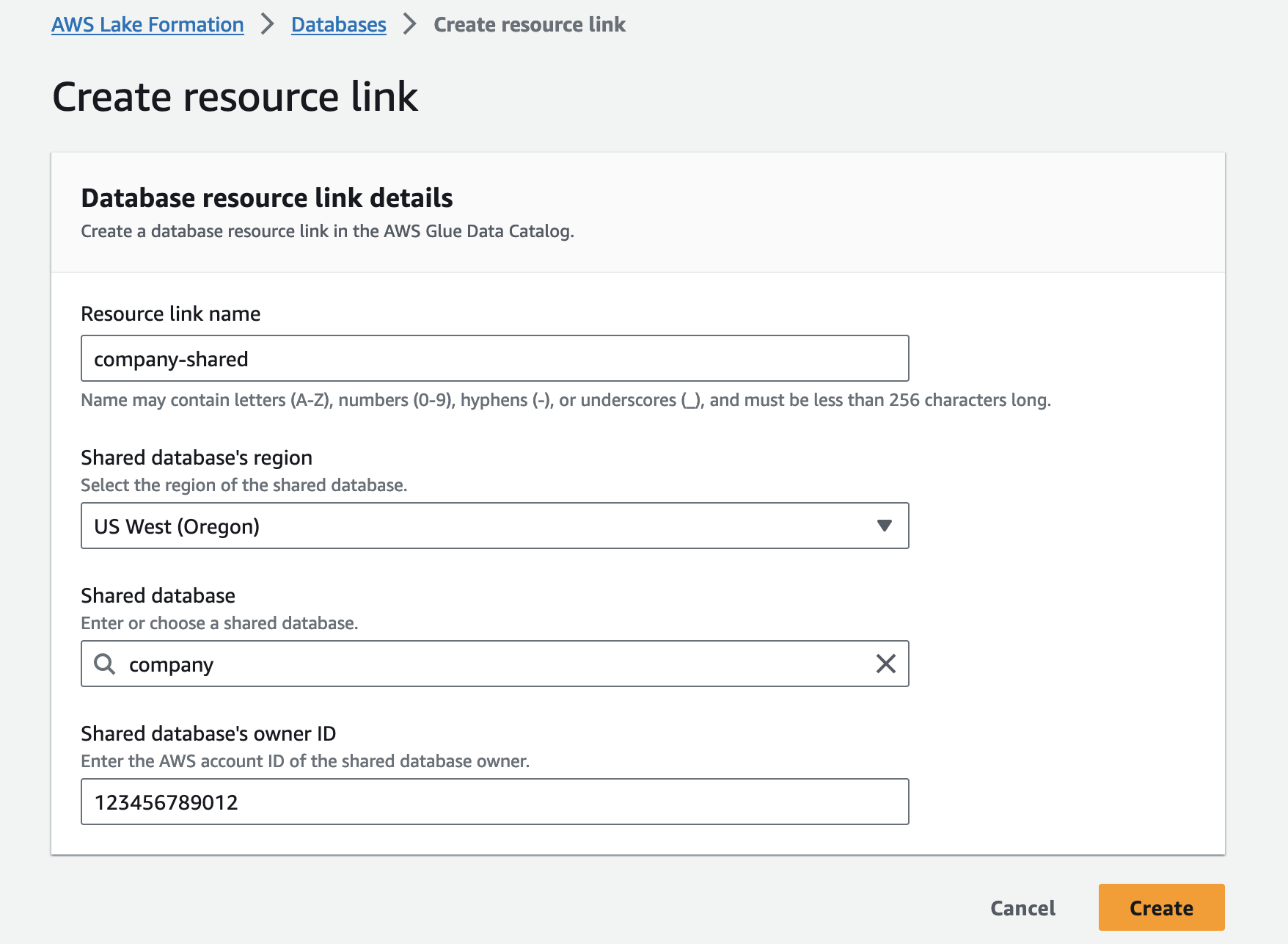 Create a resource link for the shared database