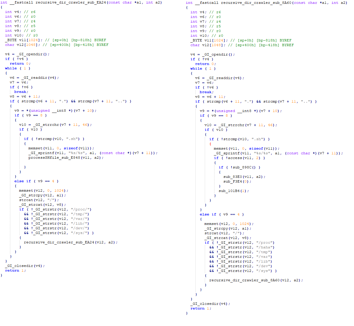 Figura 2 Fragmentos de código de la muestra original de Mozi (izquierda) frente a la muestra de interruptor de apagado vista en 2023 (derecha)