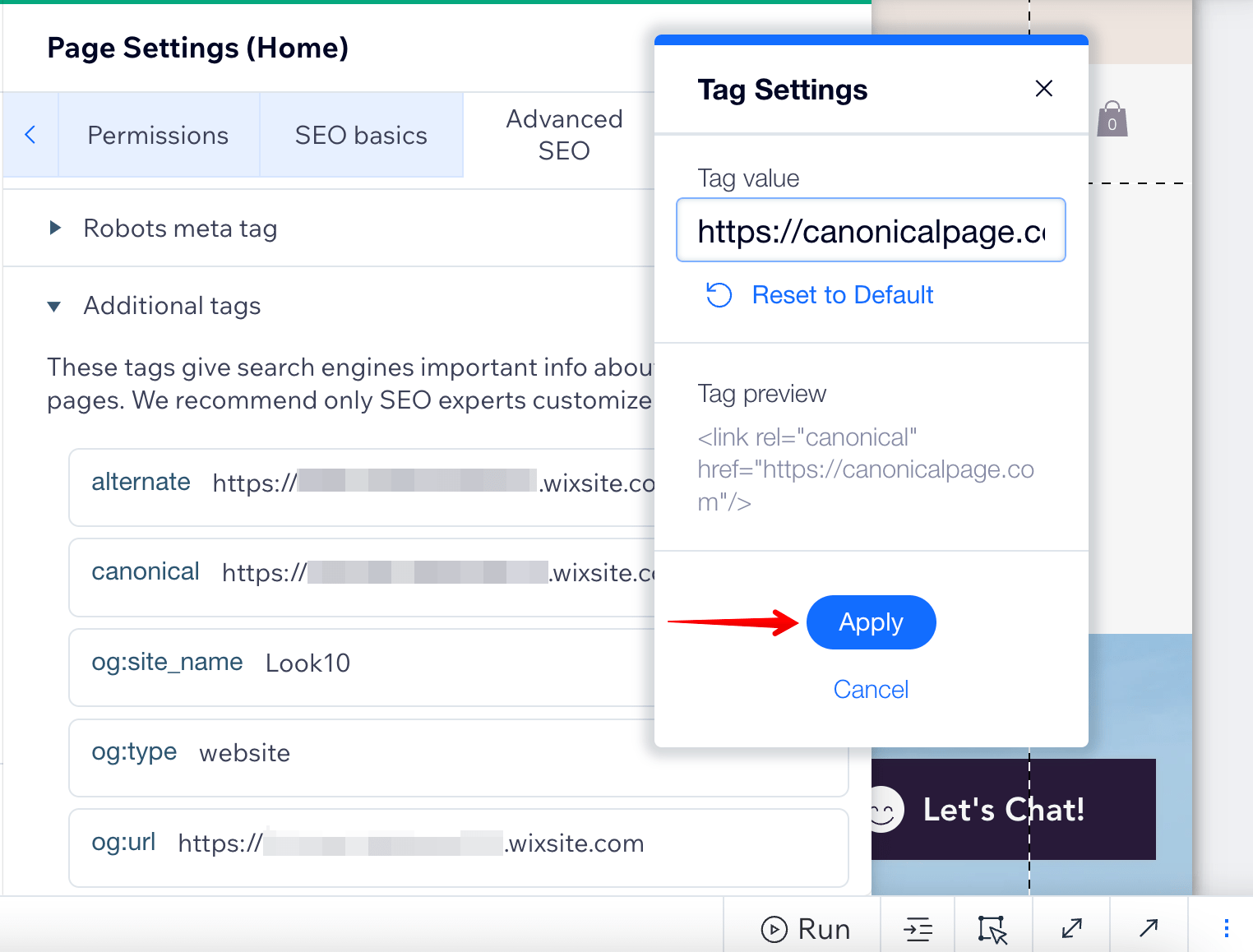 Tag settings in Wix