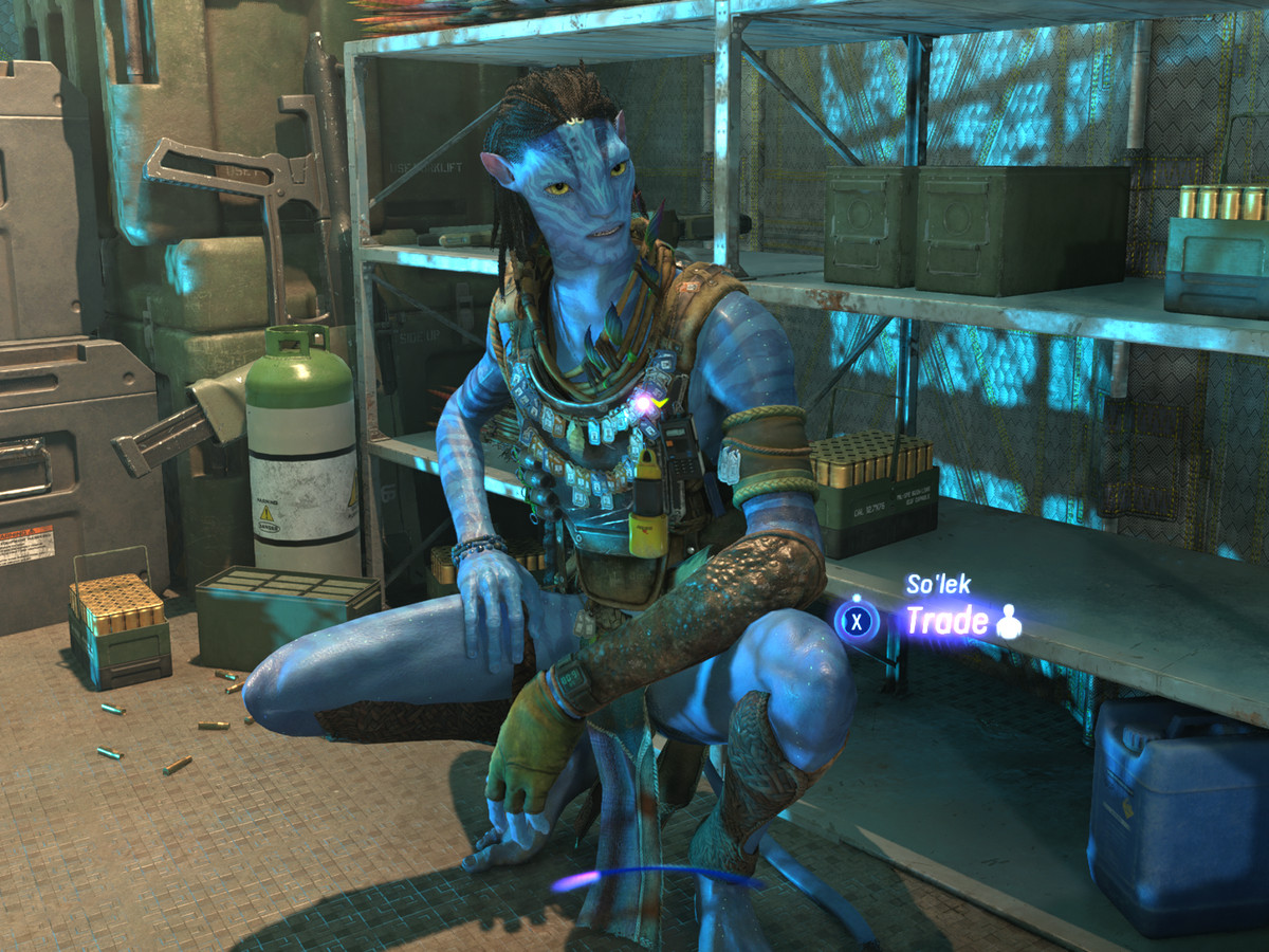 A Na’vi squats in Avatar: Frontiers of Pandora