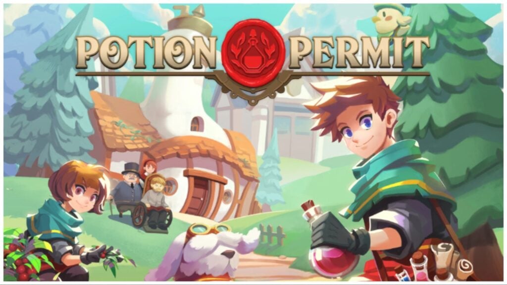 feature image voor ons Potion Permit-segment toont twee alchemisten die naar de kijker kijken in een dorp met drie dorpelingen op de achtergrond
