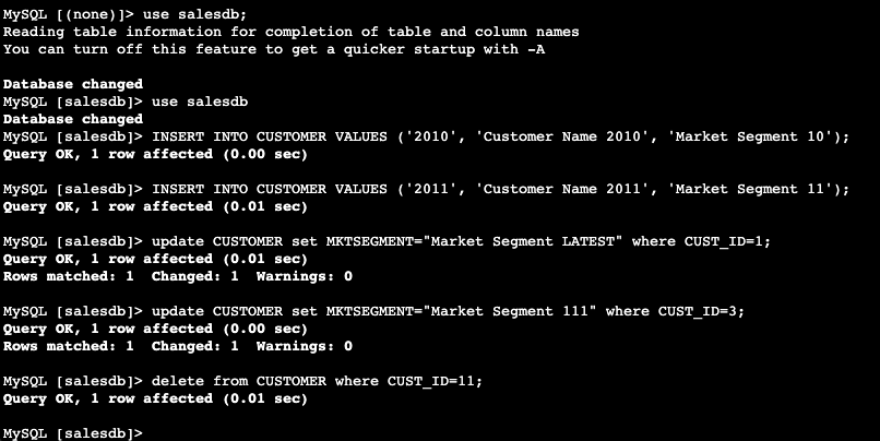 La imagen muestra las operaciones de inserción, actualización y eliminación realizadas en RDS para MySQL.