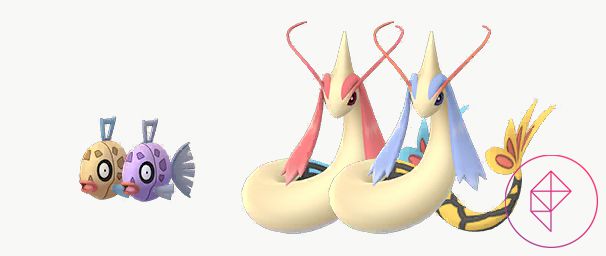 Shiny Feebas and Milotic with their original forms in Pokémon Go. Feebas turns purple and Milotic turns gold and blue.