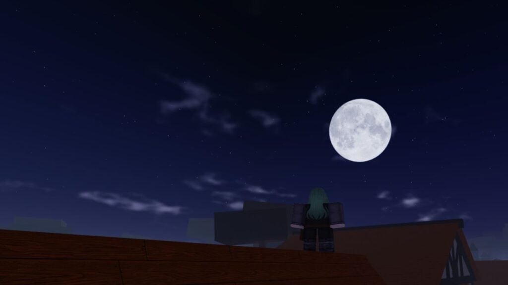 Nuestra guía de códigos Clover Retribution. Muestra una pantalla del juego con un personaje jugador parado en el techo mirando a la luna.