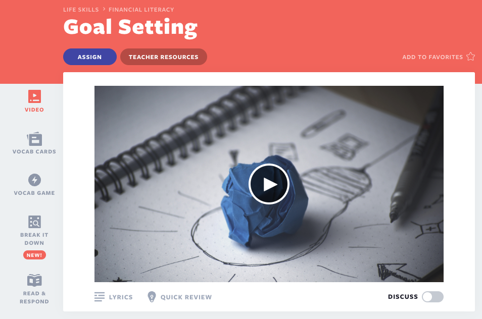 Activities to engage student using educational videos about goal setting