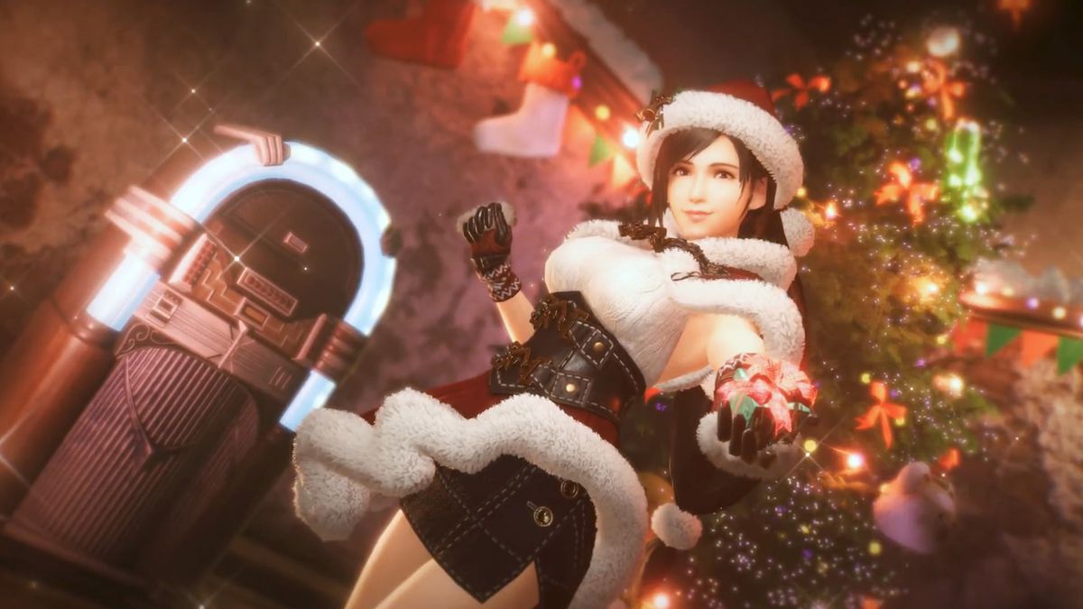 Tifa wearing a Christmas-themed costume in Final Fantasy 7 Ever Crisis