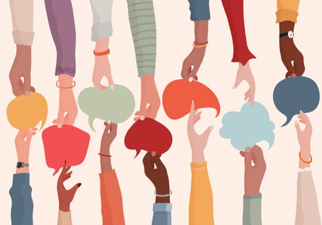 Illustration of many hands reaching for speech bubbles