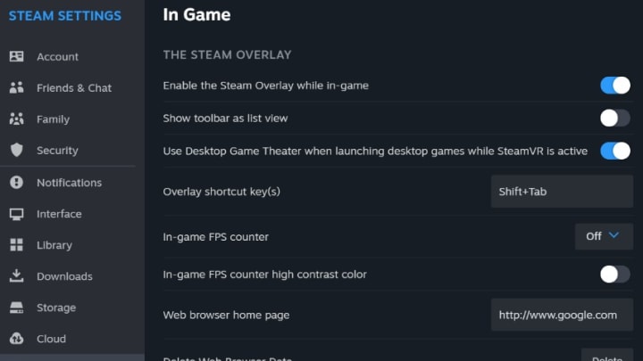 In game steam settings for steam overlay