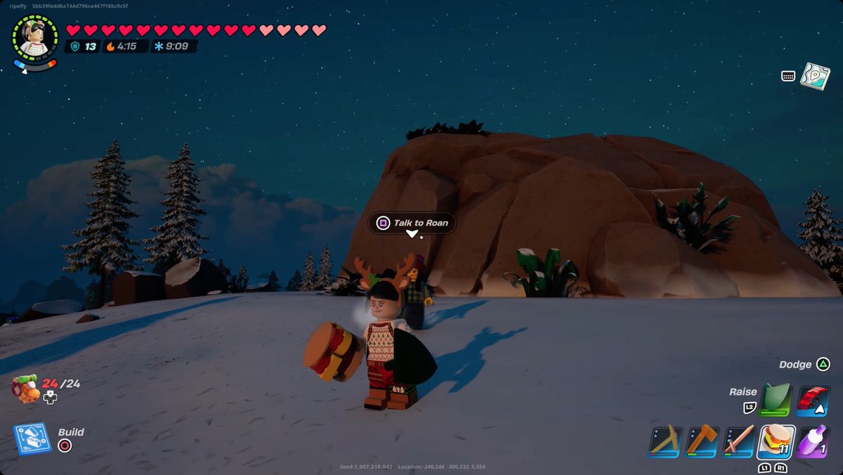 Lego Fortnite character in the snow with a spicy burger