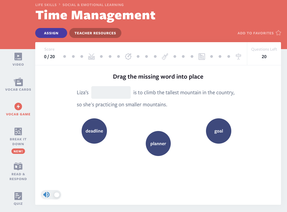 Time Management Vocab Game activity