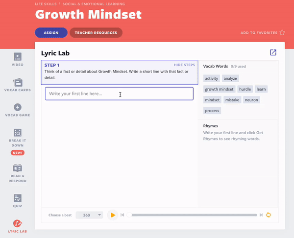 Aktivität des Growth Mindset Lyric Lab