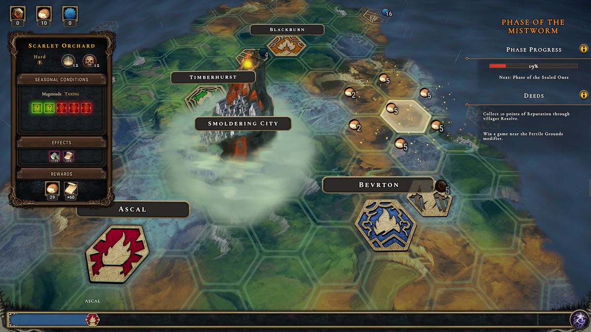 Fırtınaya Karşı oyunundaki dünya haritası. Ortasında Smoldering City'yi çevreleyen altıgenlerin olduğu bir masa üstü oyununa benziyor.