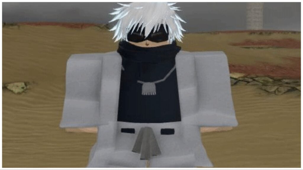 the image shows the gojo boss facing the viewer. He has his blindfold on and his white hair is down rather than up