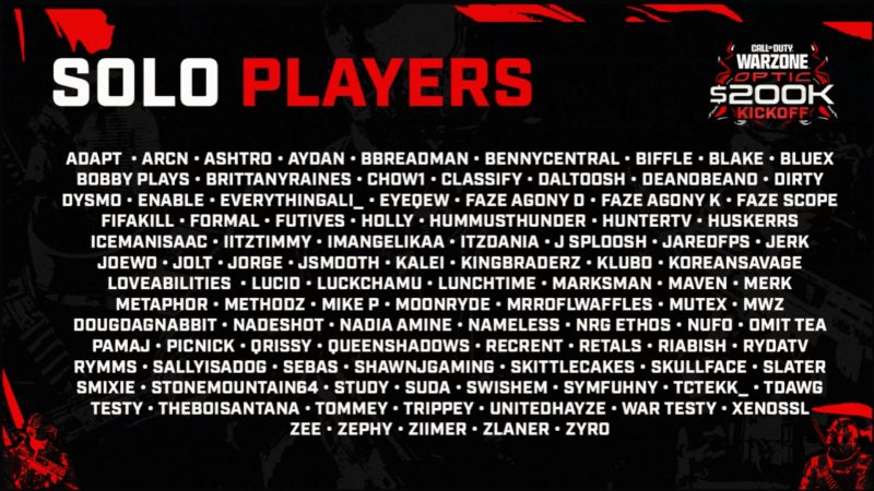 Hier sind alle Spieler für Tag 1 des Call of Duty Warzone Kickoff-Turniers von OpTic Gaming.