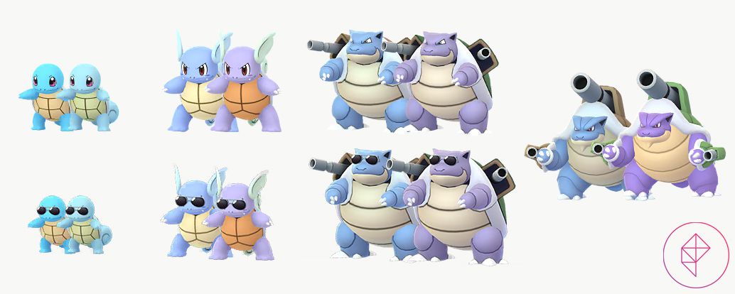 Shiny Squirtle, Wartortle, Blastoise y Mega Blastoise en Pokémon Go con sus formas habituales. También hay un conjunto de gafas de sol.