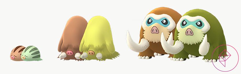 Shiny Swinub, Piloswine, and Mamoswine in Pokémon Go with their regular forms. Shiny Swinub turns green, whereas Piloswine and Mamoswine turn yellow