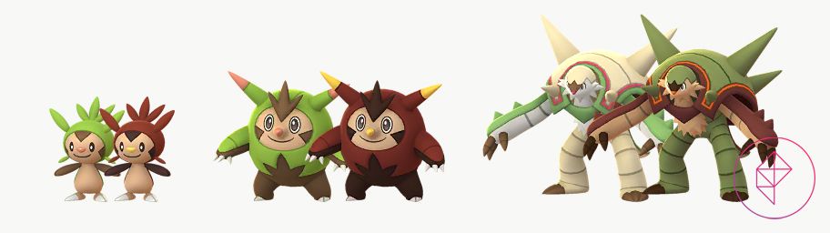 Chespin, Quilladin, and Chesnaught with their shiny forms. All of them gain brown accents when shiny.