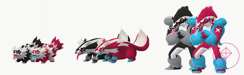 Shiny Galarian Zigzagoon, Linoone, and Obstagoon with its normal version. The Shiny versions are bright pink and sky blue, rather than black and white.