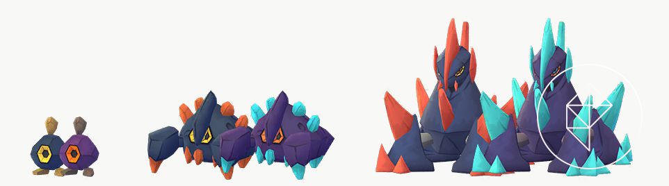 Shiny Roggenrola, Boldore, and Gigalith with their normal forms. Shiny Roggenrola is red and orange. Shiny Boldore and Gigalith have blue crystals instead of orange.