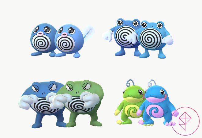 Pokémon Go 中的閃亮 Poliwag、Poliwhirl、Poliwrath 和 Politoed。 閃亮的 Poliwag 和 Poliwhirl 都會變成淺藍色，Poliwrath 變成苔綠色，Politoed 則變成藍色和粉色配色方案。