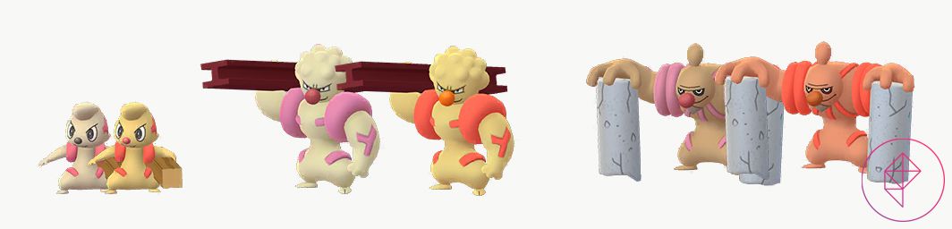 Pokémon Go 中閃亮的 Timburr、Gurdurr 和 Conkeldurr 的正常形態。 它們都變得更加金色，帶有明亮的橙色口音。