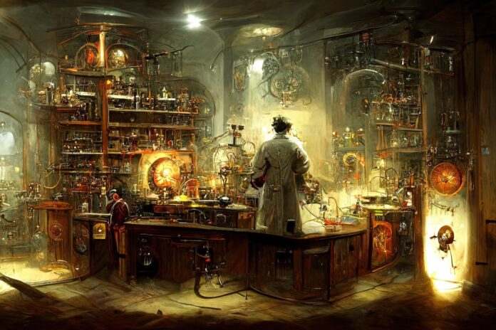 Laboratorio científico con estilo steampunk con altos detalles y una hermosa paleta de colores de tonos vintage.