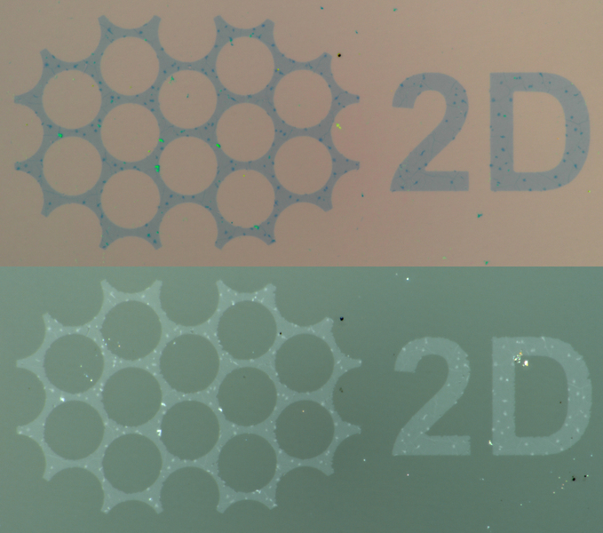 chuyển graphene có hoa văn, một tấm carbon dày một nguyên tử, từ chất nền nguồn (ảnh trên cùng) sang polyme kết dính nhận (ảnh dưới)