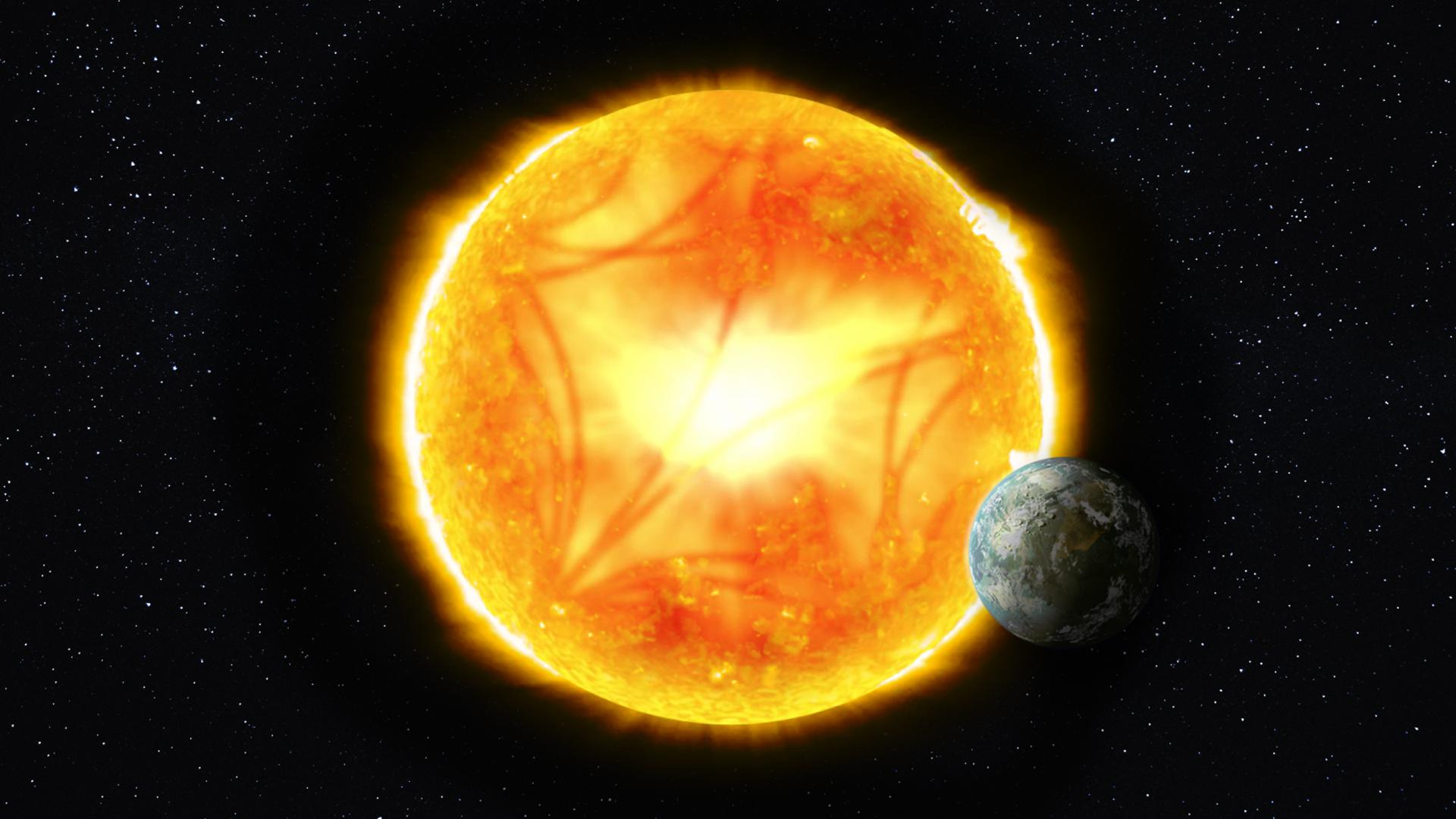 Konstnärens syn som illustrerar hur individuella ljudvågor utbreder sig inuti stjärnor som solen