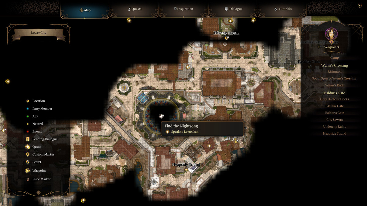 Bản đồ của Lower City ở Baldur's Gate 3