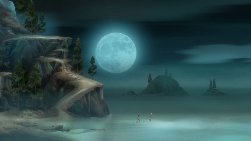 Feature-Bild für unseren Nachrichtenbeitrag zu Oxenfree II: Lost Signals. Es zeigt zwei Charaktere an einem Strand unter einem blauen Mond.