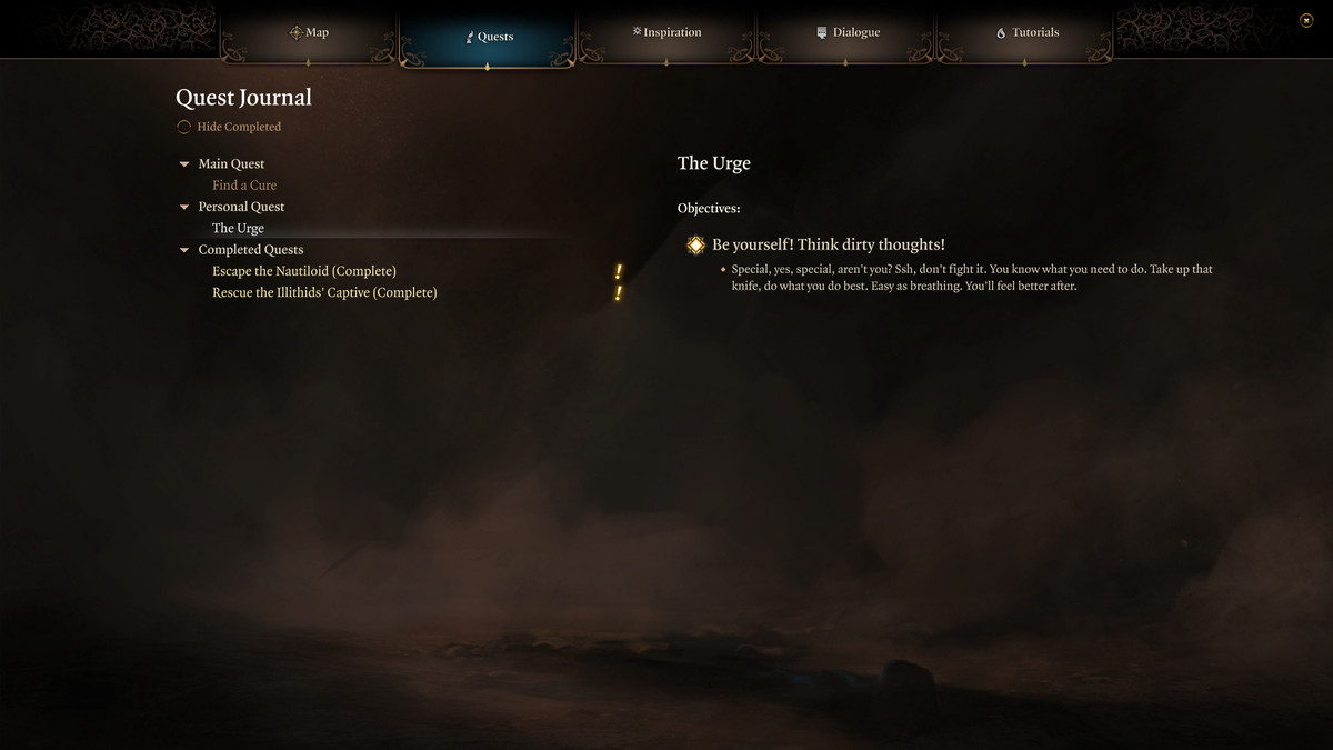 El registro de misiones que muestra la misión personal de The Urge en Baldur's Gate 3
