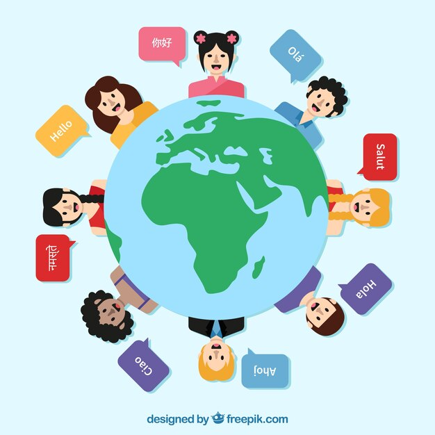 Eine Illustration der Erde, umgeben von verschiedenen Menschen, die in ihrer Muttersprache „Hallo“ sagen.
