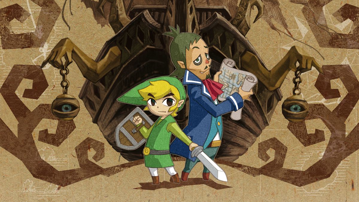 Een jonge, cartoonachtige Link en een verdacht uitziende piratenman, die een kaart vasthoudt, staan ​​voor een kunstwerk dat een griezelig schip afbeeldt