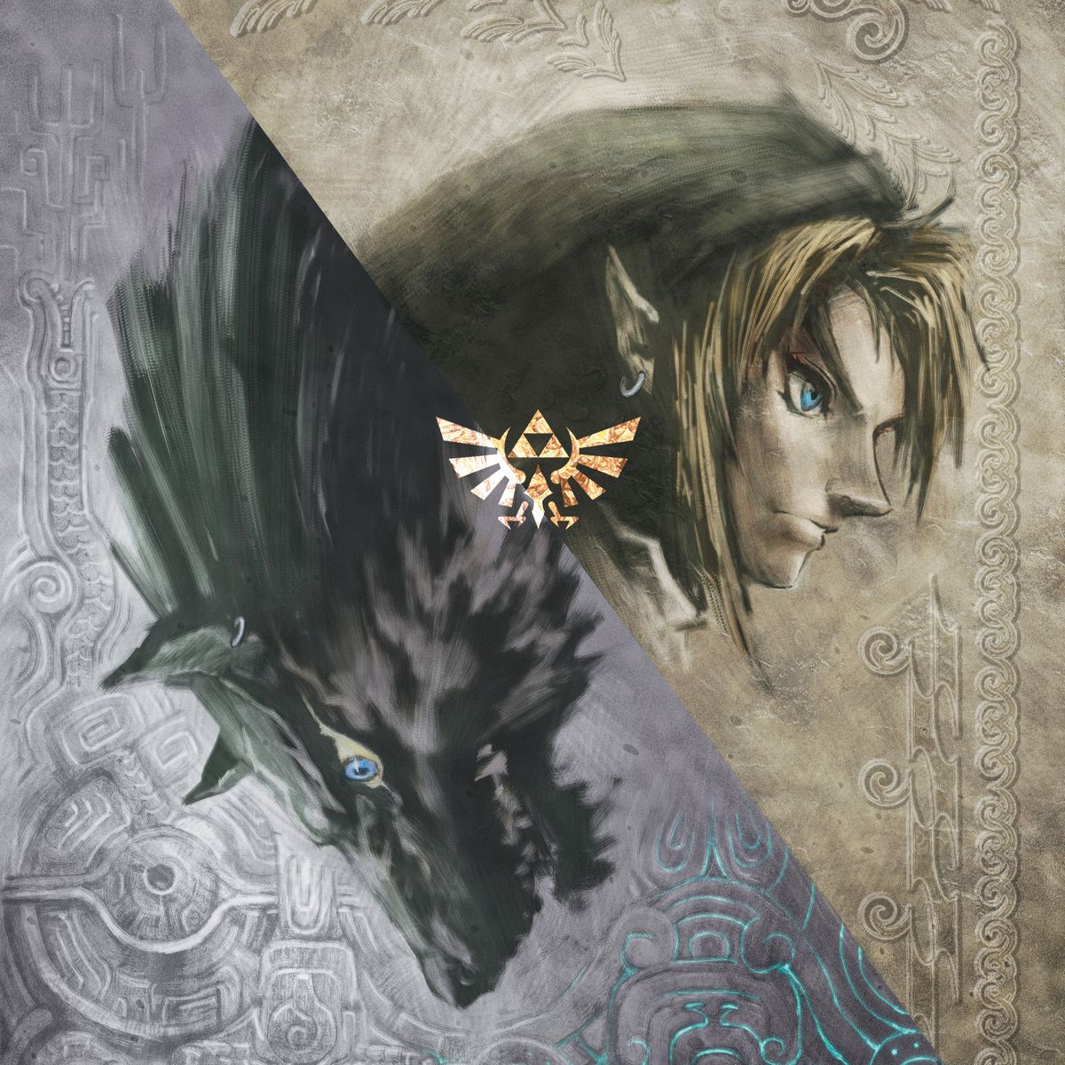 Tác phẩm minh họa đầu của Link và đầu của một con sói hung dữ được chia bằng một đường chéo với logo Triforce ở giữa