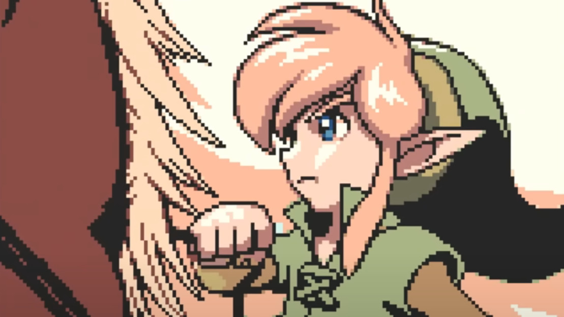 Một hình ảnh pixel của Link trông cương quyết trên lưng ngựa trong Zelda: Oracle of Seasons