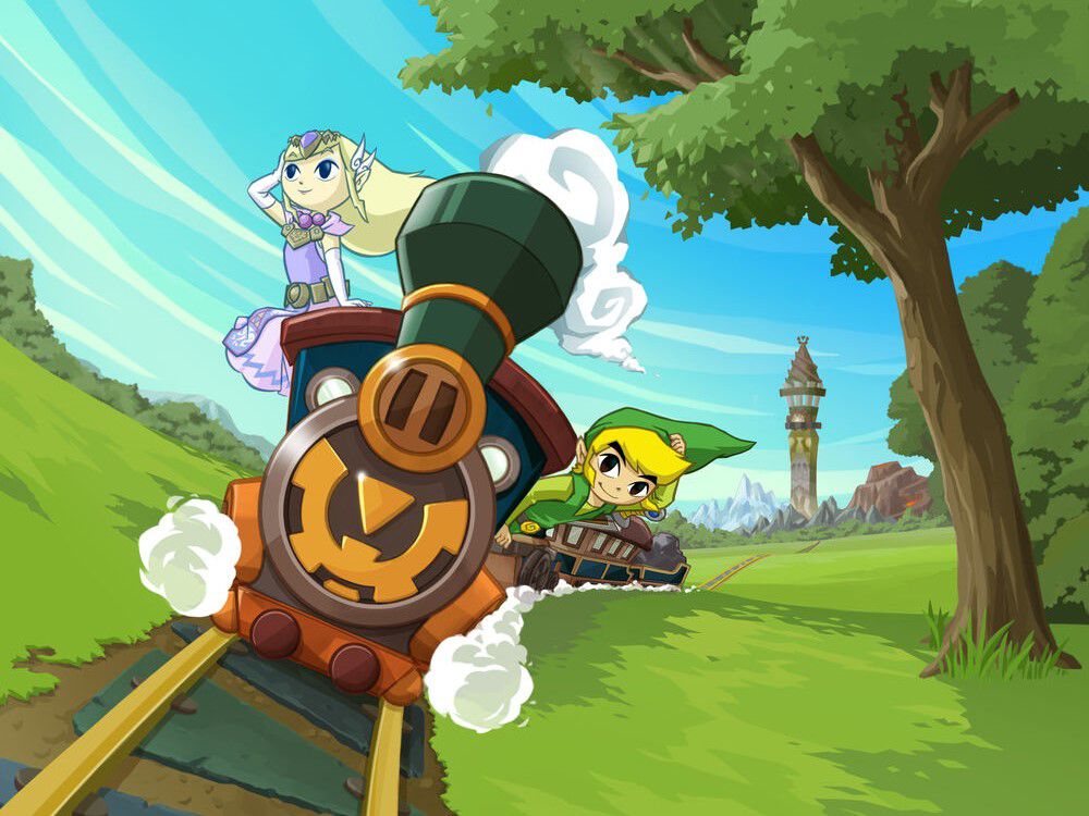 Een jong ogende Link en Zelda rijden in een stoomtrein door een graslandschap met een toren op de achtergrond in Zelda: Spirit Tracks