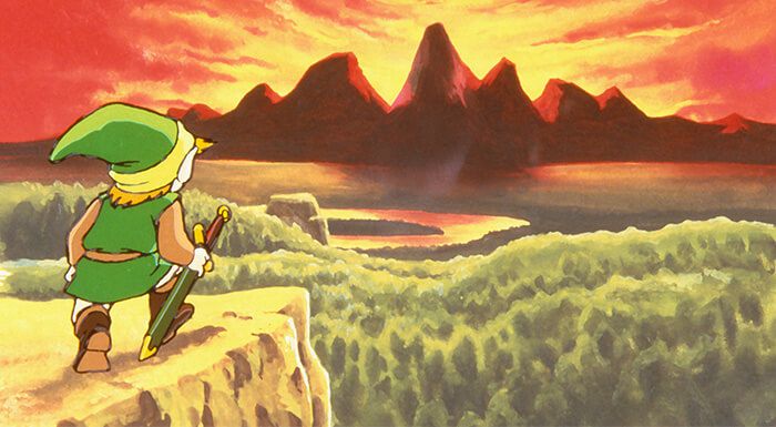 Un dibujo a mano de Link arrodillado y mirando hacia un paisaje salvaje con el sol poniéndose detrás de las montañas.