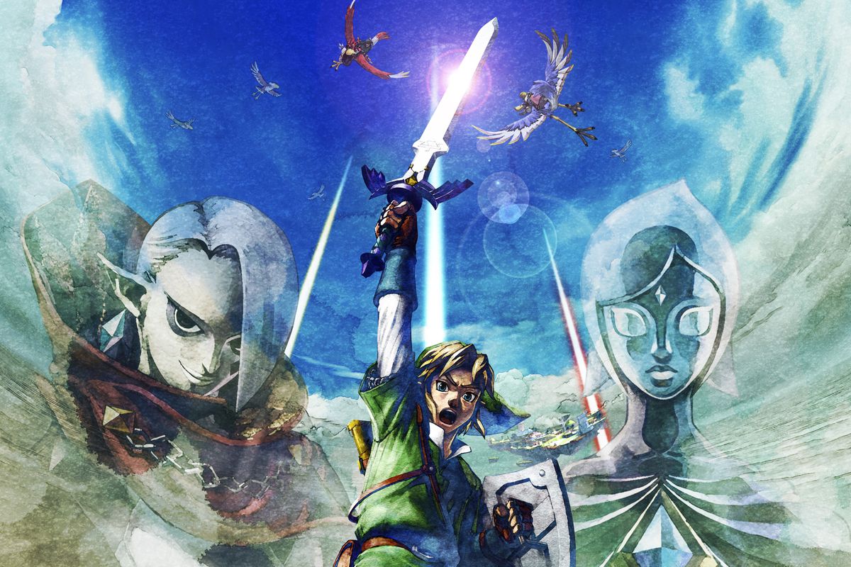 عمل فني للرابط الذي يحمل السيف الرئيسي عالياً في Zelda: Skyward Sword
