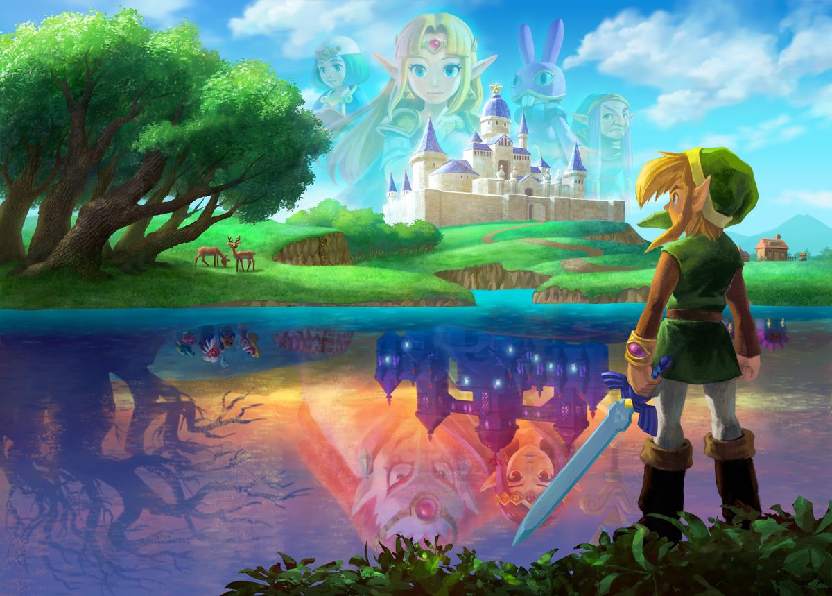 Link đối mặt với lâu đài Hyrule bên kia hồ. Phản chiếu trên mặt hồ là phiên bản tối tăm của lâu đài