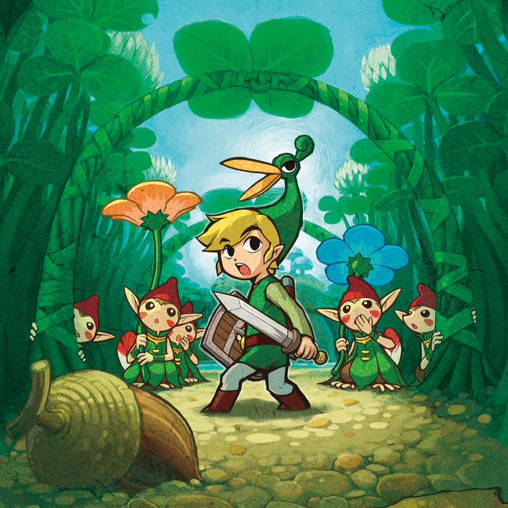 Link, die een hoed draagt ​​die ook een vogel is, en een zwaard vasthoudt, draait zich om en wordt geconfronteerd met een bedreiging. Achter hem staan ​​kleine bloemenmensen tussen enorme grassprieten
