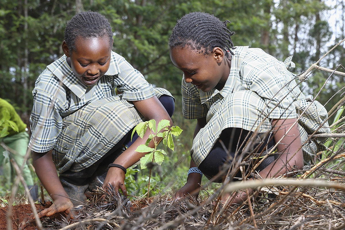 Das Triple Bottom Line, das Profit, Menschen und den Planeten in Einklang bringt_Zwei Schüler einer örtlichen Schule während eines Baumpflanztrainings_Visual 6