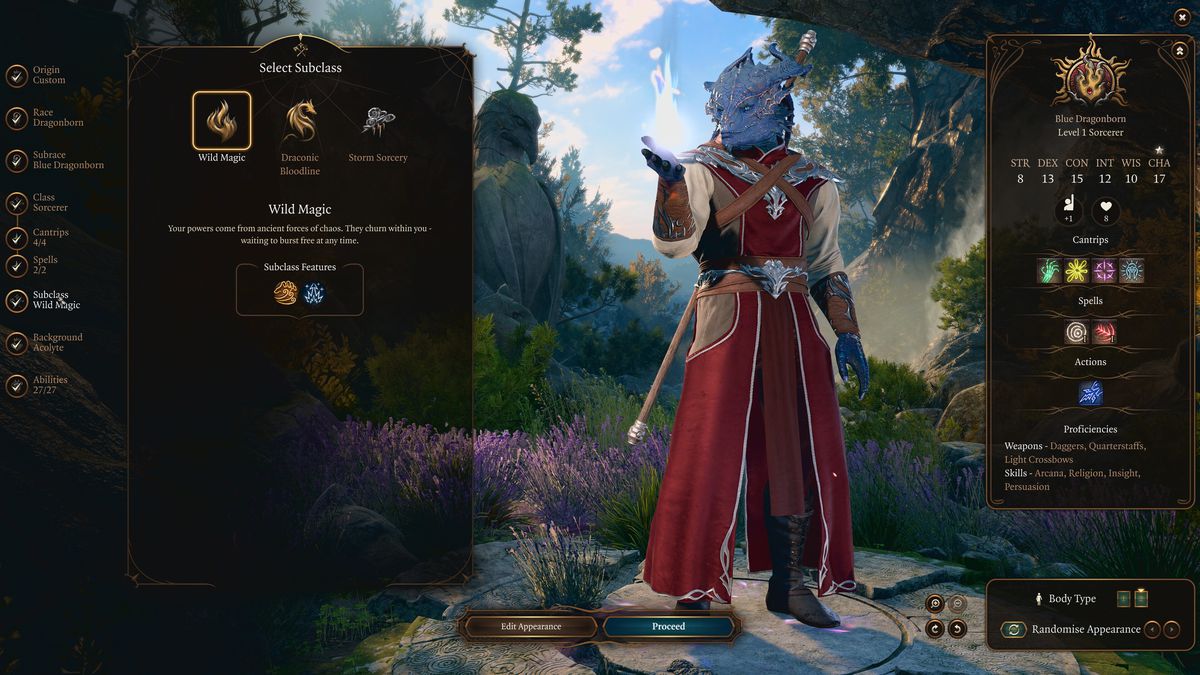 Blue Dragonborn이 하위 클래스를 선택하는 모습을 보여주는 Baldur's Gate 3의 캐릭터 생성 메뉴.