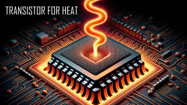 Ilustración de un transistor térmico que utiliza un campo eléctrico para controlar el flujo de calor y que muestra un chip rodeado por una luz naranja brillante e irradia un haz de calor.